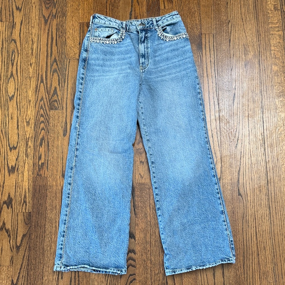 B29 Pilcro Women 30 Denim Blue Flare Jeans with Faux Diamond and Stud Accents